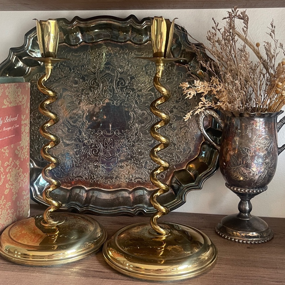 Vintage brass spiral candlesticks with tulip shaped tops